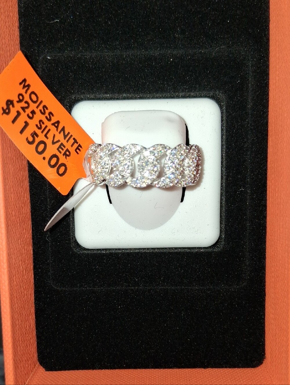 Sterling Silver Moissanite Pave Cuban Link Ring in Silver